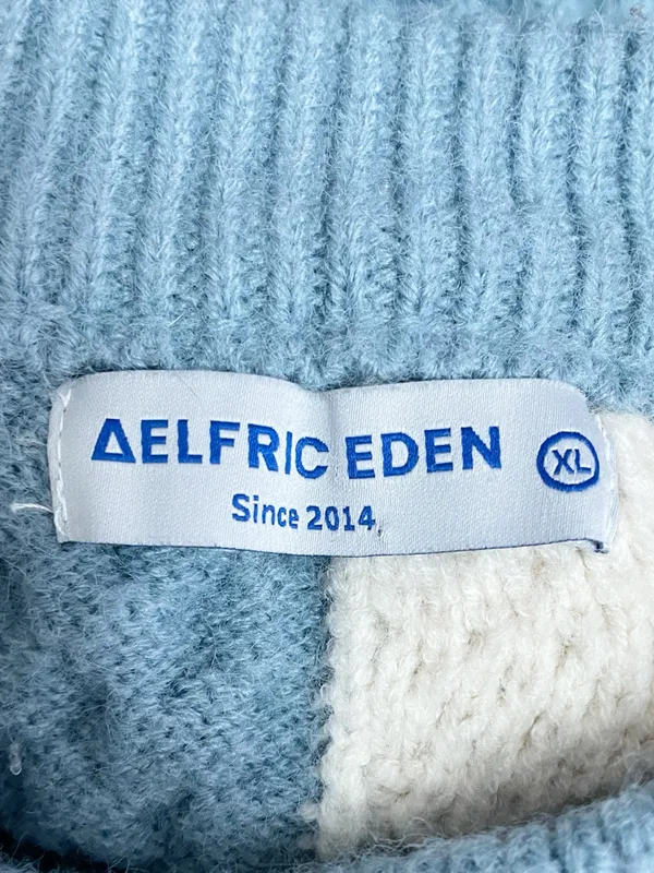 Aelfric Eden Sz XL Patchwork Cable Knit Sweater Blue Cream Colorblock Crewneck - Image 8