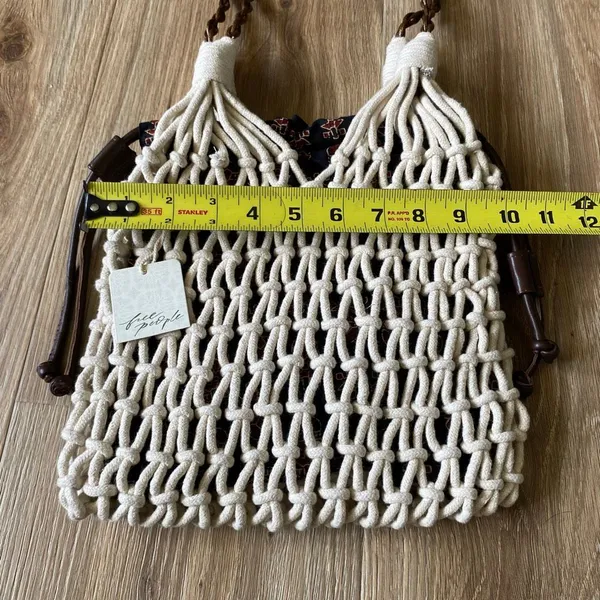 Free People Ivory Macrame Crochet Bucket Bag Boho Drawstring Tote NWT - Image 6