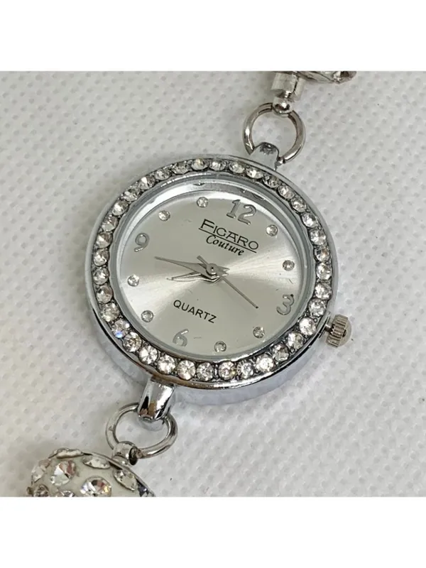 Figaro couture silver tone watch rhinestones 25mm quartz metal beaded running - Image 3