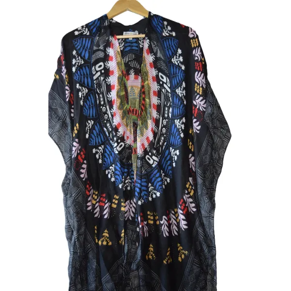 Woven Heart Kaftan Women Large Black Excellent Mandala Print Tassel Hem Festival - Image 3
