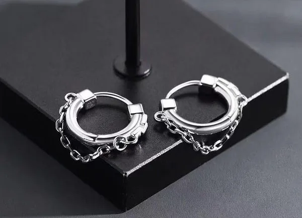 925 Silver Plated Chain Hoop Earrings for Men Women,Punk Hip Hop Earrings - Image 2