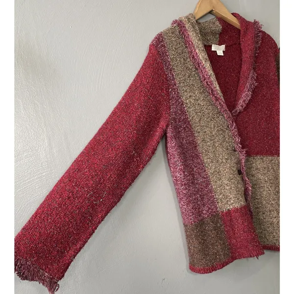 Christopher & Banks Patchwork Cardigan Size Medium Colorblock Fringed Sweater Artsy Festival Boho - Image 2