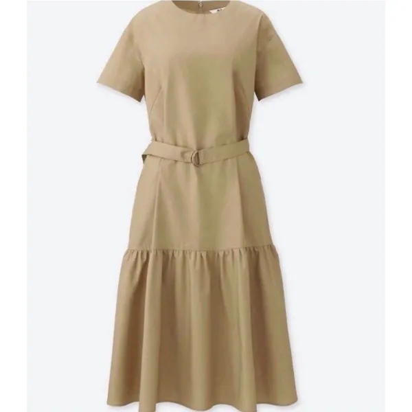 Uniqlo Womens Khaki Tan Tiered Belted Short Sleeve Midi Dress Cotton Blend‎ L - Image 2