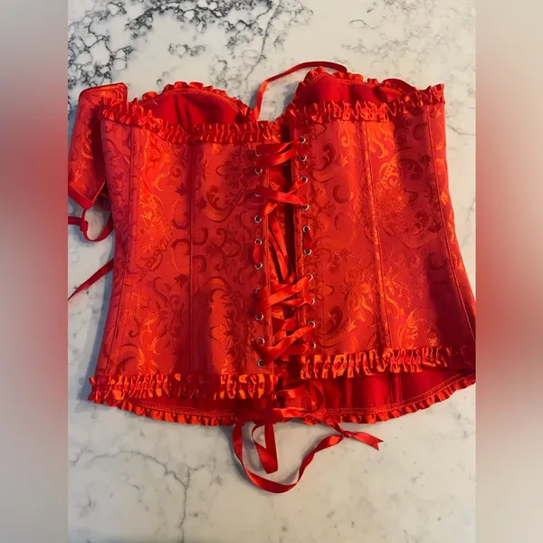 Red Satin Corset with Matching Thong New Lace Up Zip Floral Bustier Bodice XL - Image 2