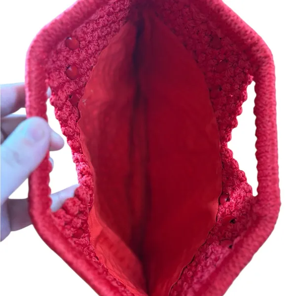 Vintage Red Crochet Frame Handbag 70s Boho Grandmacore Handmade Beaded - Image 3