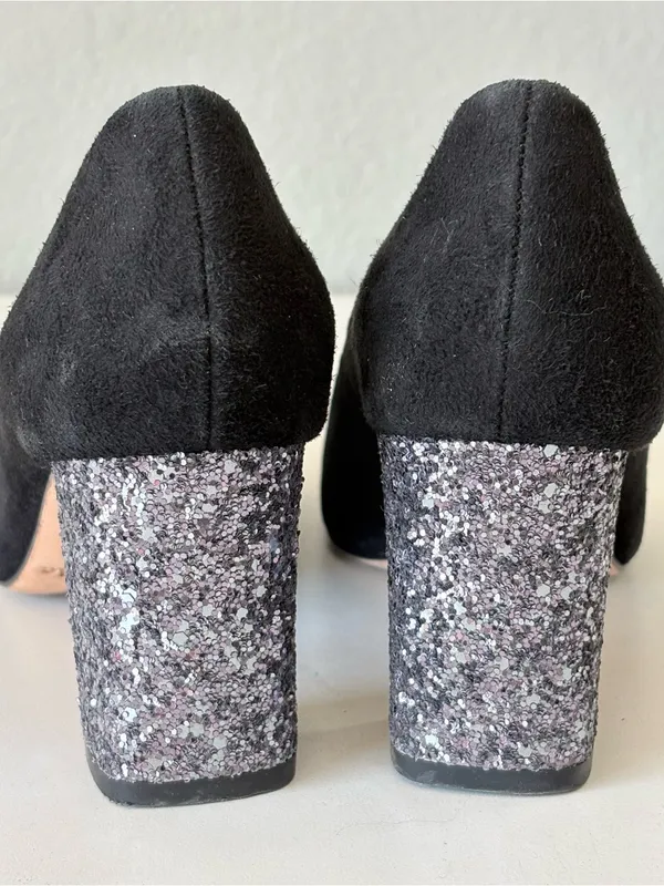 Kate Spade Black Suede Pumps Sparkling silver glitter Block Heel Womens Size 7.5 - Image 5