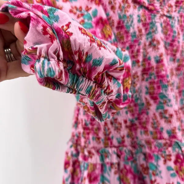 Love the Label M Audrey Smocked Pink Floral Puff Sleeve Tiered Ruffle Mini Dress - Image 4