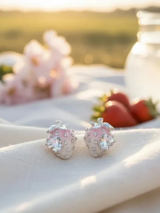 Silver Tone Pink Strawberry Crystal Stud Earrings - Image 6