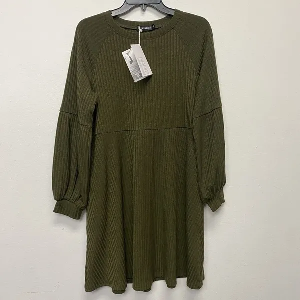 Women's Long Sleeve Medium Olive‎ Green Midi Sweater Dress Ribbed High Waist - Image 4