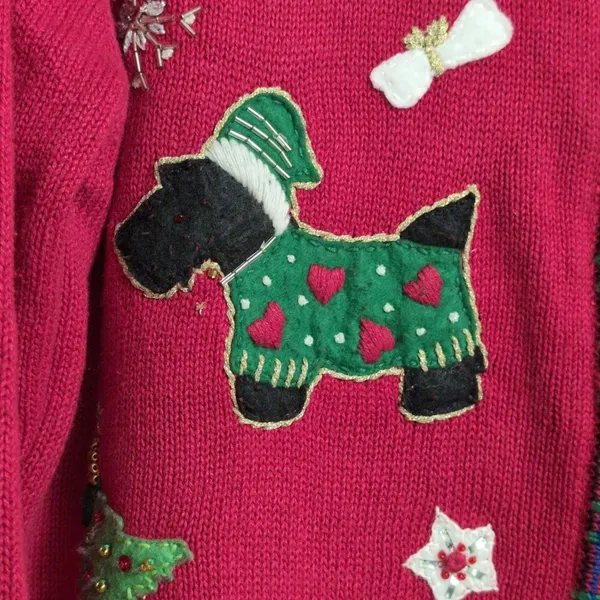 VTG Heirloom Collectibles Red Christmas Dog Applique Cardigan Sweater Size M - Image 2
