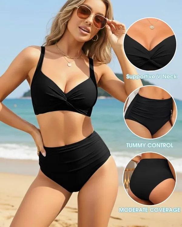 NEW - SZ L, black High Waisted Bikini Sets for Women Tummy Control 2 Piece suit - Image 6