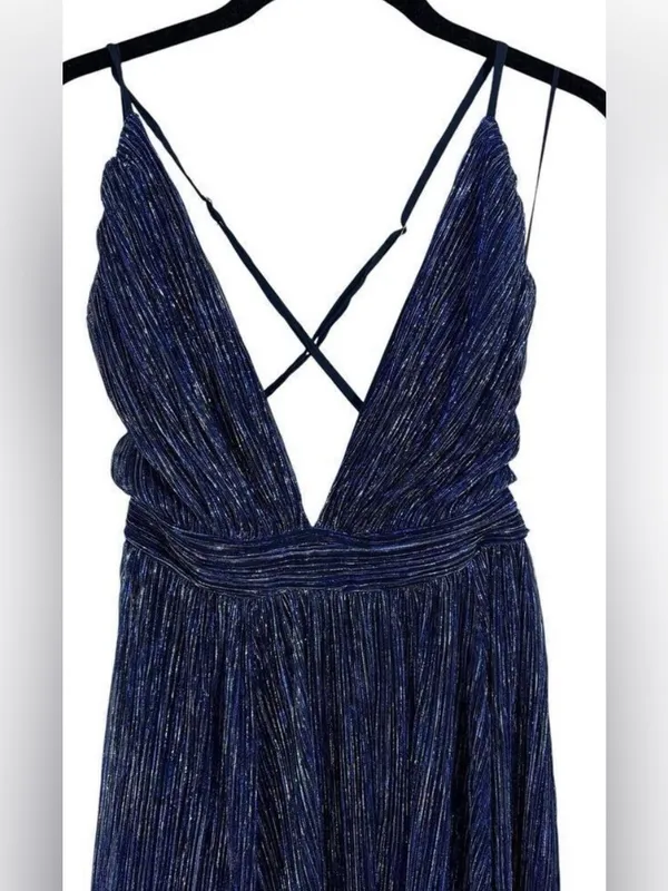 Luxxel Lulus Magical Looks Sparkly Maxi Dress Navy Blue Deep V-Neck Metallic Gown NWT S - Image 7