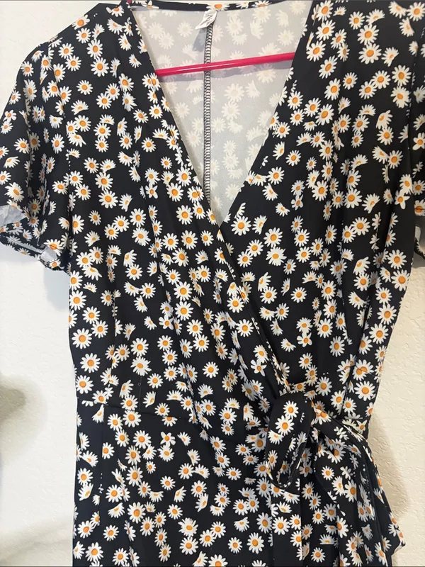 Black Daisy Wrap Dress with Ruffle Hem and flutter sleeves Medium - Image 3