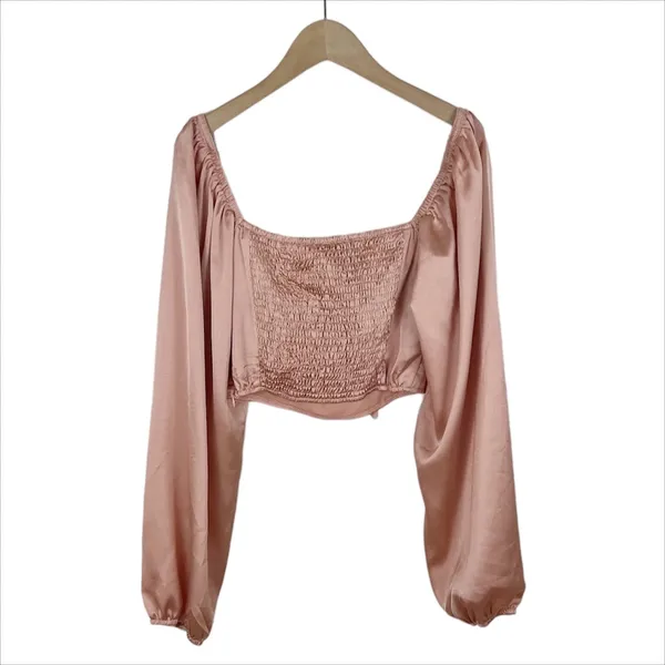 Princess Polly Cropped Long Sleeve Estee Top in Light Pink Satin Size 4 - Image 4