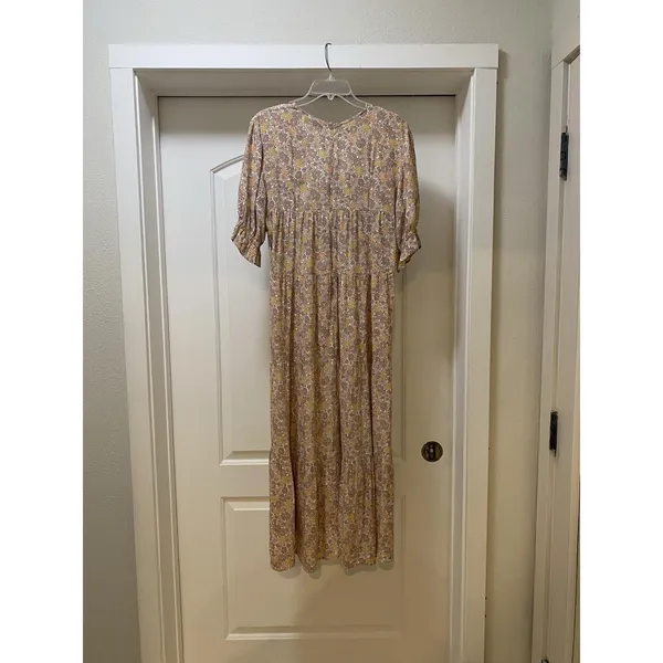 Faithfull The Brand La Falaise Dress Womens Large Beige Floral Puff Sleeve Boho - Image 6