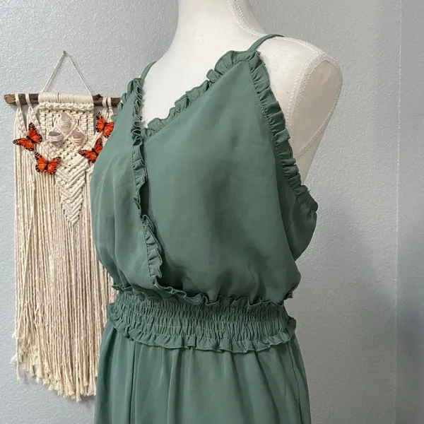 Gigio Sage Green Jumpsuit Wide Leg Ruffle Hem Smocked Adjustable Straps - Image 4