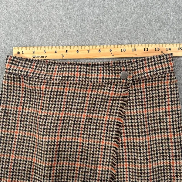 Urban Outfitters Plaid Wrap Mini Skirt Size Medium Brown/Orange Fringe Button - Image 4