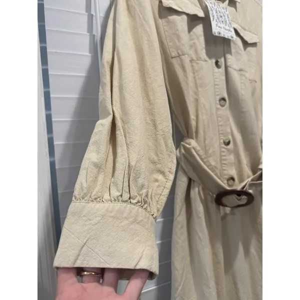 NEW‎ Free People Aubrey Belted Long Sleeve Utility Shirtdress in Cream Khaki XS - Image 2