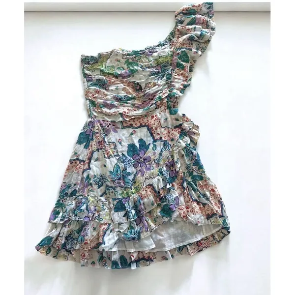 Love‎ The Label Anthropologie 1-Shoulder Floral Mini Dress Medium Smocked Ruffle - Image 2