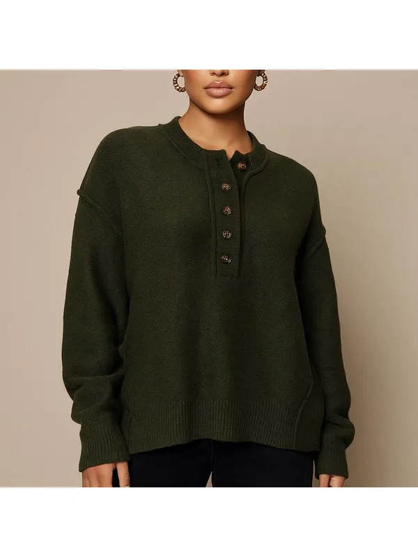 Fashion Crewneck Button Sweater Green - Image 3