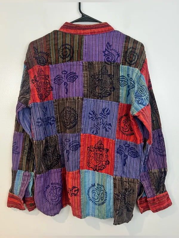EzHippie Vibrant Stonewashed Patchwork Om/Ganesha Pullover HIppie Top Medium Red - Image 6
