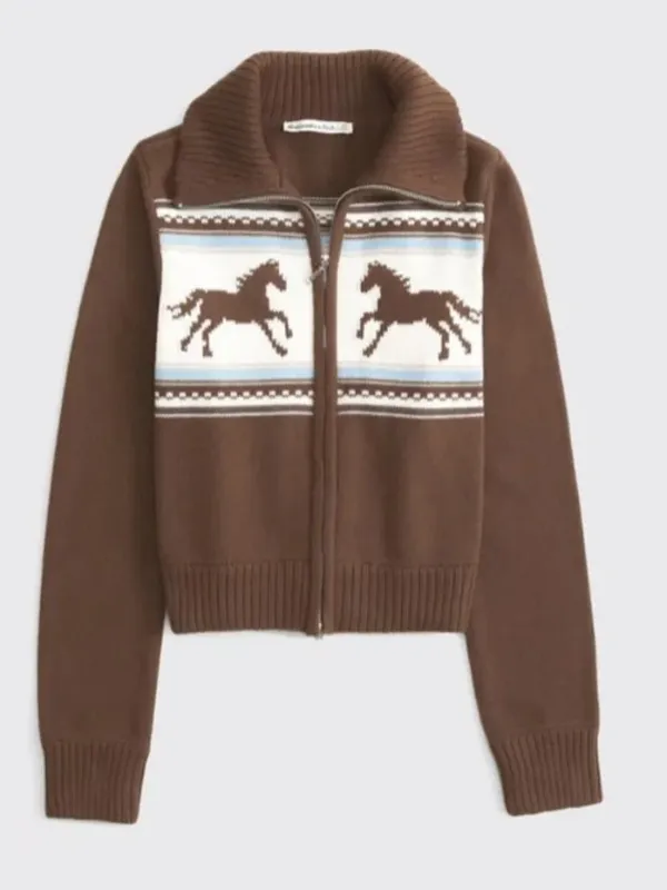 NWT Abercrombie & Fitch Western Horse Cardigan in Brown Crop Sweater XS - Image 2