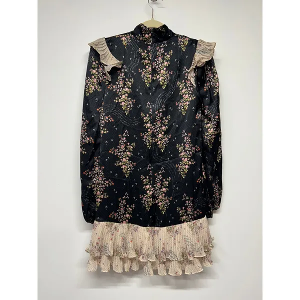 AMUR Devin Silk Ruffle‎ Mini Dress Floral High Neck Size 2 Black Prairie Cottage - Image 3