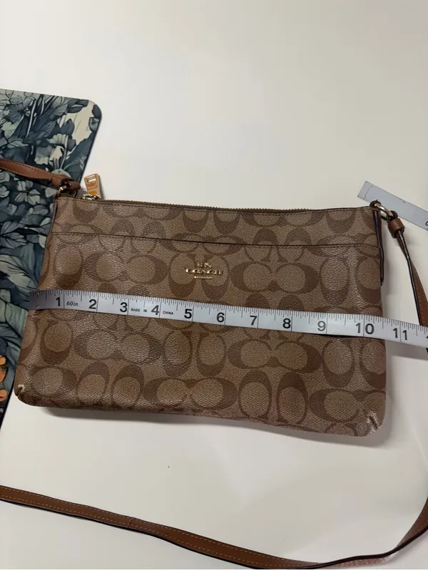 Coach‎ Signature Monogram Khaki Brown Leather Trim Crossbody Bag - Image 11