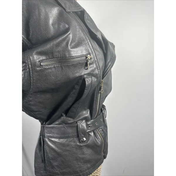 Boutique Europa Womens Leather Jacket Coat Black Moto‎ Biker Zip Belt 90s - Image 10