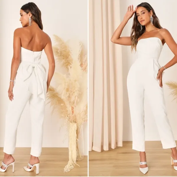LULU's Wedding Bridal Shower Bachelorette HOneymoon Chic Satin Jumpsuit Pantsuit - Image 6