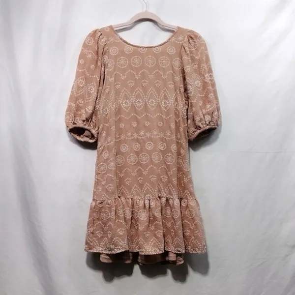 BLU PEPPER Soft Pink Embroidered Eyelet Mini Dress Small Coquette Cottagecore - Image 4