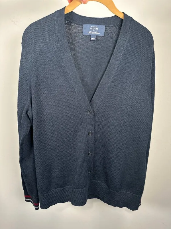 Brooks Brothers Large Womens Cardigan Striped Wrists Navy Blue V-Neck Wool Blend - Image 6