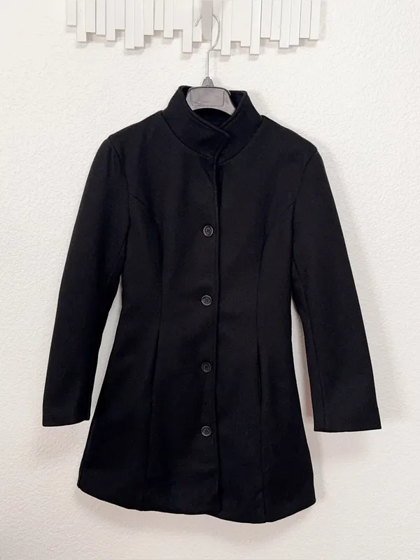 FME Black Longline Coat Stand Collar Button Front Tailored Jacket Minimalist - Image 2