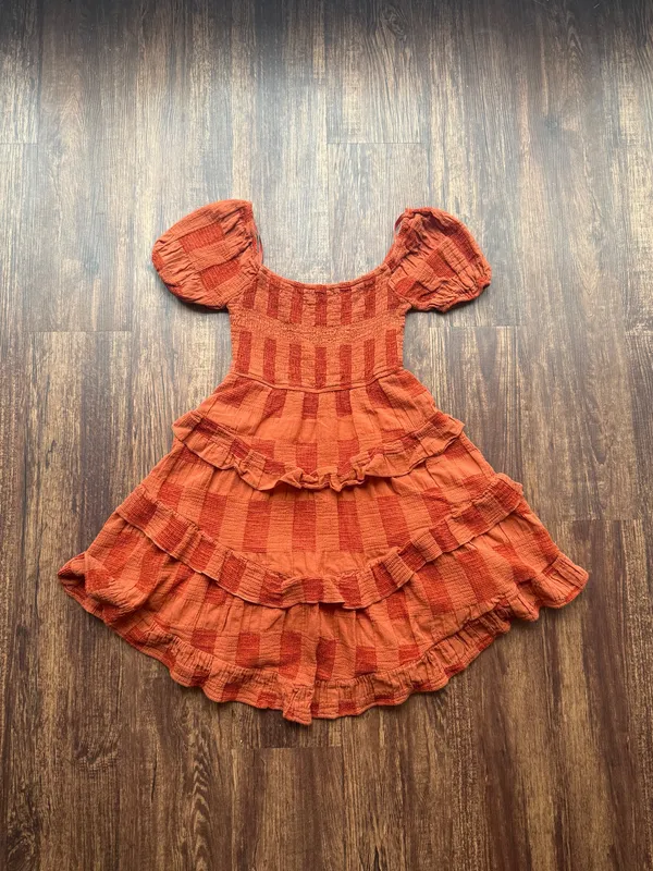 Altar'd State Burnt Orange Smocked Tiered Ruffle Puff Sleeve Boho Mini Dress- XS - Image 2