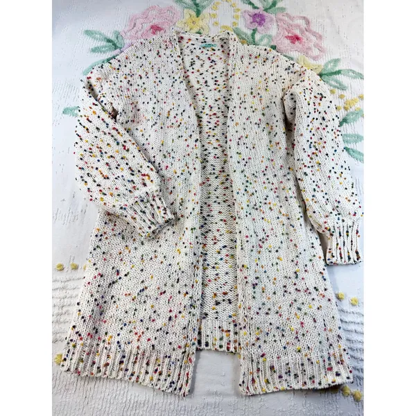 P.S. Kate Confetti Pom Pom Open Front Cardigan Cream Multi Knit Sweater M/L - Image 2