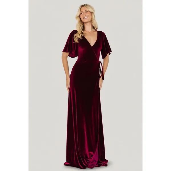 BALTIC BORN Meghan Velvet Wrap Maxi Dress Mulberry Purple Red Tie Waist X-Small - Image 4