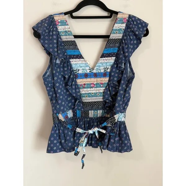 Free People Anthropologie Let me Be Patchwork Top Med Floral Boho V-Neck Tie Back - Image 2