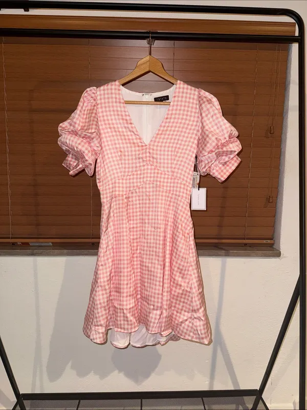 1. STATE Pink Gingham Puff-Sleeve Dress - Image 3