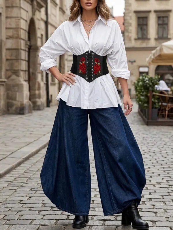 Black Floral‎ Embroidered Waist Elastic Corset Belt One Size - Image 4
