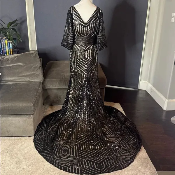 Women’s Black Sequined Full Length Prom Party Dress 3/4 Sleeve Train Size 12 - Image 6
