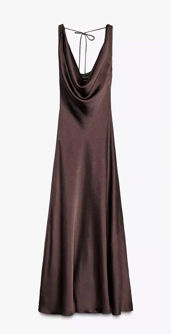 Zara Elegant Brown Sleeveless maxi stin effect Dress holiday party cocktail - Image 5