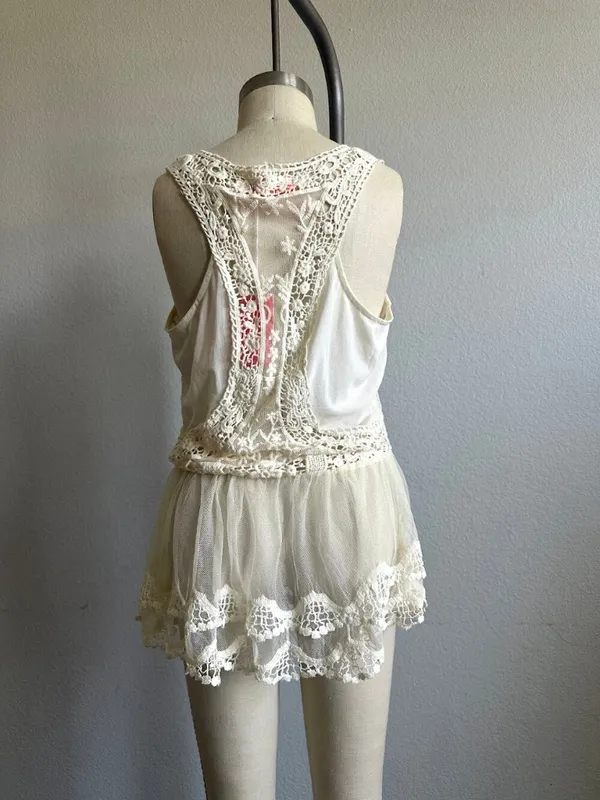 Lulumari Lace Mesh Romper Tank Cream Size S Boho Fairycore - Image 3