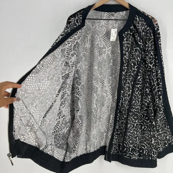 Avenue Sheer Bomber Jacket Womens 26/28 (3X) Black White Leopard Print Full Zip - Image 12