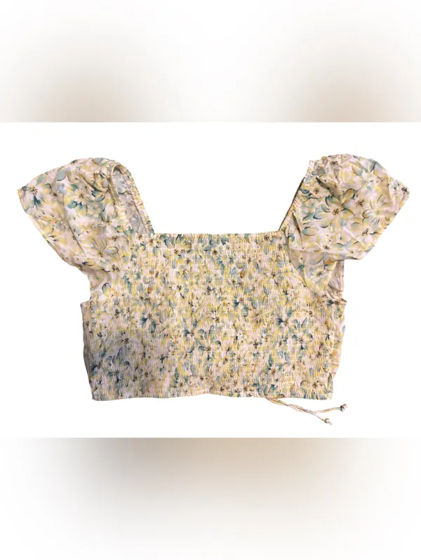 American Eagle Outfitters Yellow and Green Floral Lace-Up Crop Top - Image 2