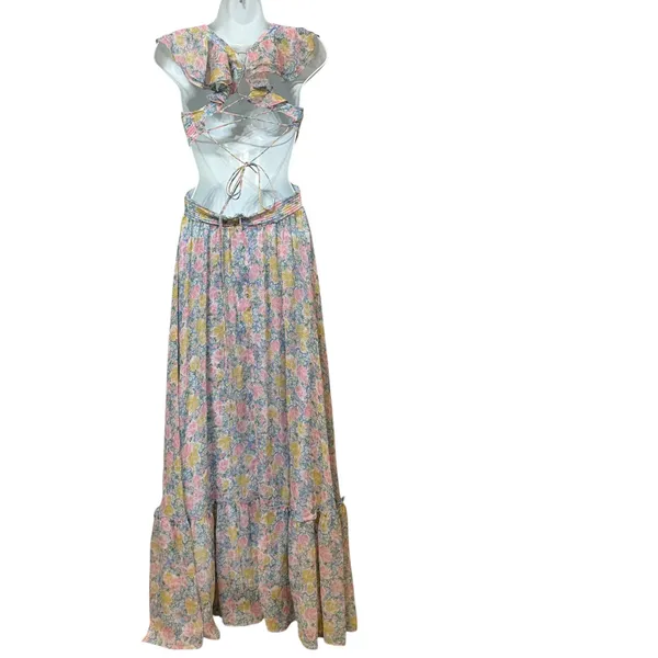 ASTR The Label Floral Cutout Maxi Dress Pink Blue Pleated Lace Up Back Small - Image 5