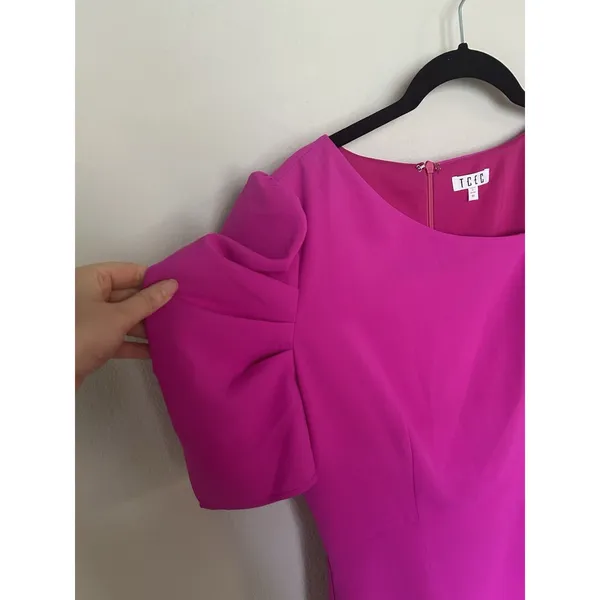 TCEC Pink Mini Dress Size M Asymmetrical Neckline Puff Sleeves Preppy Career - Image 5