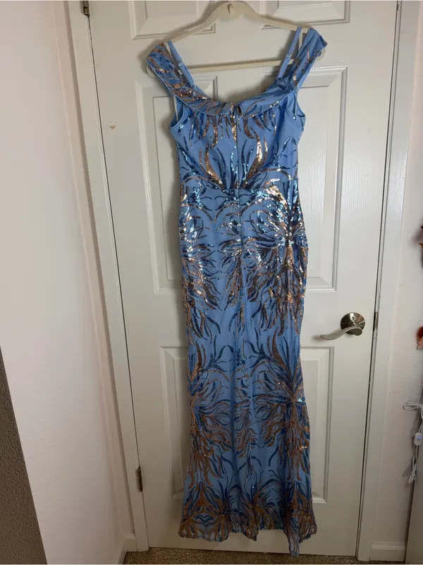 Sparkling Blue Off-Shoulder‎ High-Slit Evening Dress - Image 7