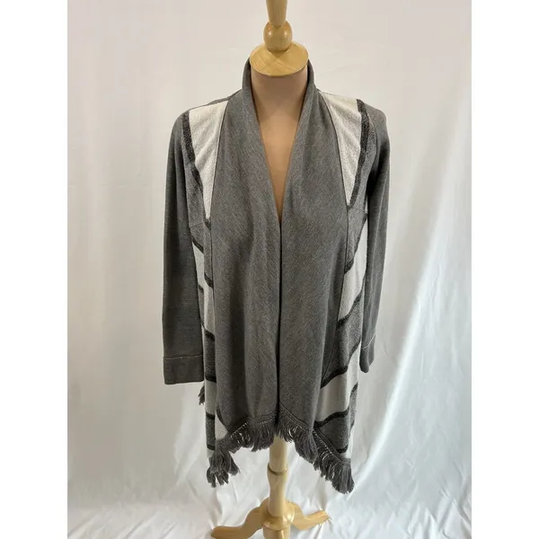 Saturday/Sunday Anthropologie‎ Cardigan Sweater XS Gray White Elise Open Fringe - Image 2