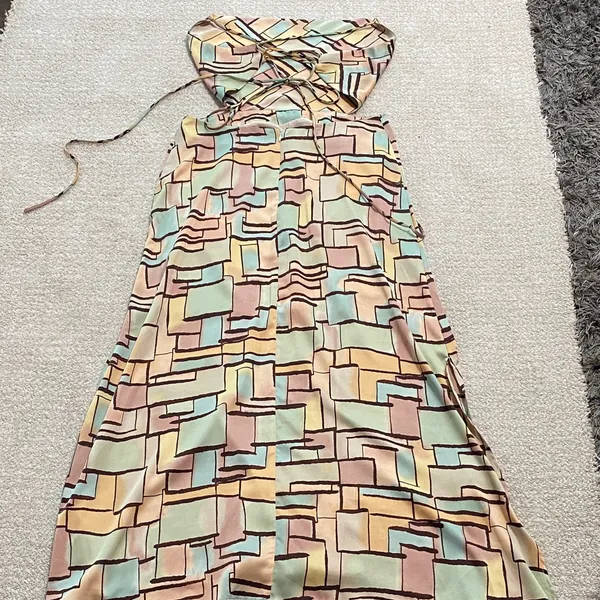 12th Tribe Geometric Block Print Maxi Dress in Beige, Mint & Terracotta Size L - Image 10