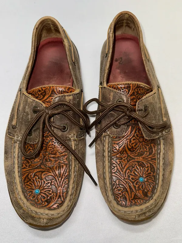 Twisted X Western Driving Moccasins Shoes Womens 8.5 M Tooled Floral Turquoise - Image 2